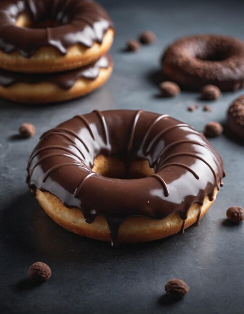 a table with donuts and chocolate frosting and chocolate balls