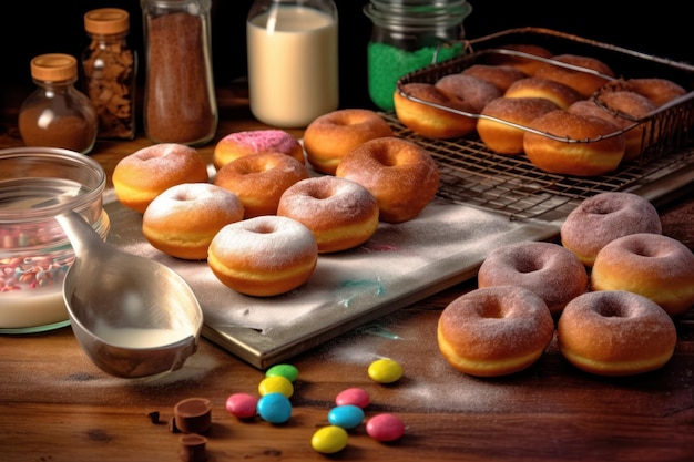 A table with donuts and a pan of candy on it