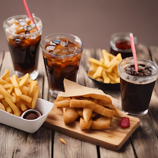 a table with drinks and a drink with ice and ice cubes