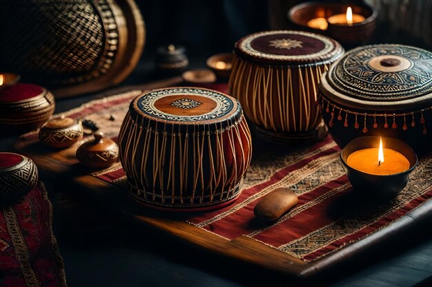 Photo a table with a drum and a candle on it