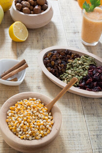 Table with dry fruits and various seeds