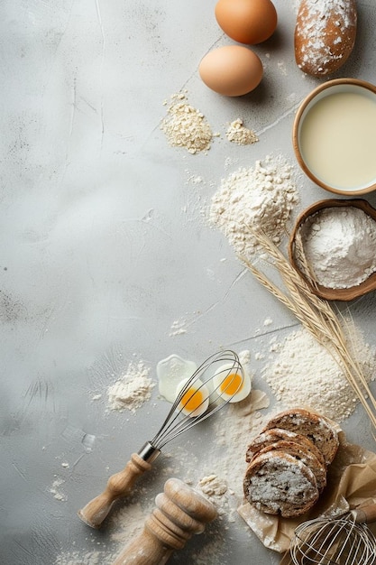 Photo a table with eggs flour flouring and a whisk