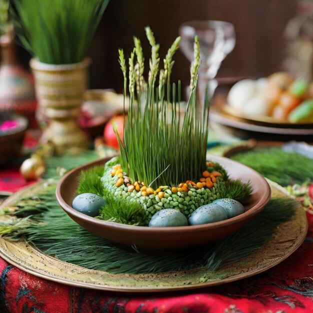 a table with eggs and grass on it and a plate of eggs on it