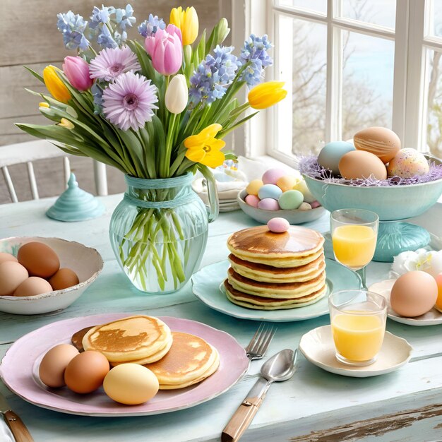 стол с яйцами, блинчиками и цветами на нем
