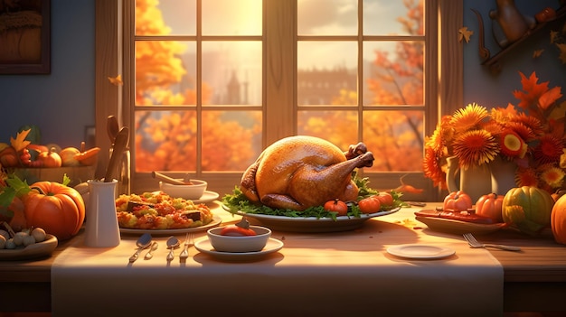 A table with a feast of turkey pumpkins flowers fruits vegetables in the back a window with a view