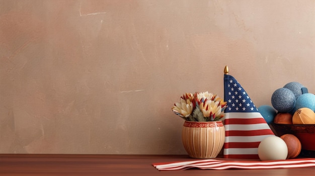 A table with a flag and a vase with the american flag on it