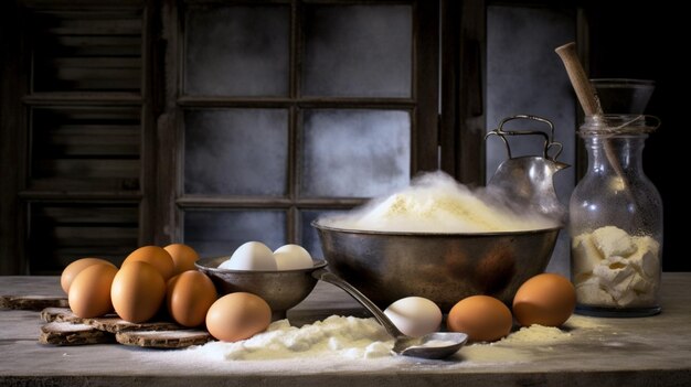 A table with flour eggs and flour on it