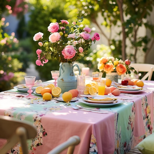 a table with a flower vase and a plate of fruit on it