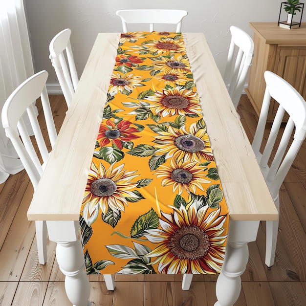 Photo a table with a flowered tablecloth with sunflowers on it