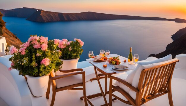 a table with flowers and a bottle of wine on it