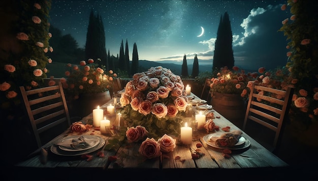 a table with flowers and a candle on it