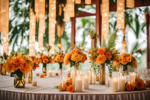 A table with flowers and candles and a chandelier with orange flowers.