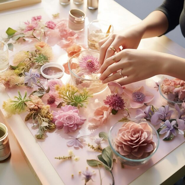 A table with flowers and candles on it