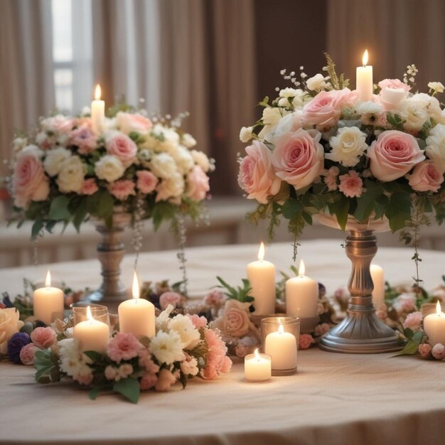 Photo a table with flowers and candles on it