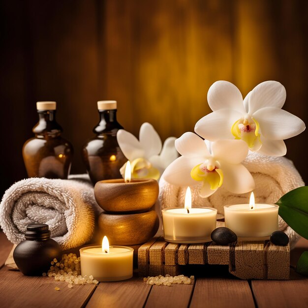 a table with flowers and candles and a towel on it