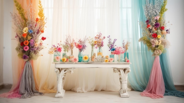 窓の前に花が飾られたテーブル