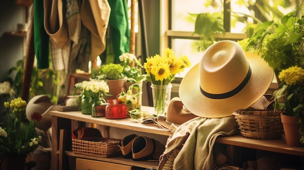 table with flowers and a hat