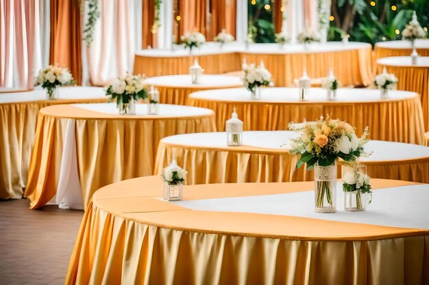 A table with flowers on it and a bottle of water in the center.