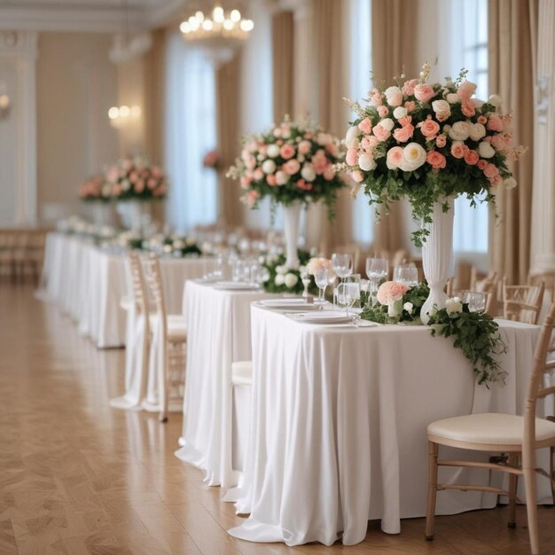 a table with flowers on it and a white tablecloth with a white tablecloth