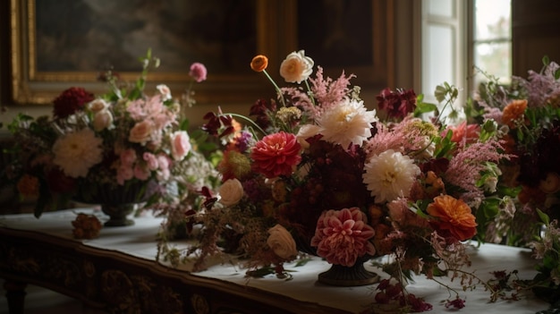 A table with flowers on it and a window behind it