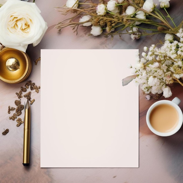 A table with flowers, a paper, and a cup of coffee.