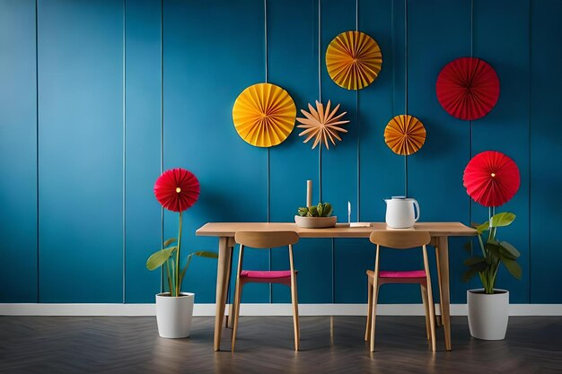 A table with flowers and a pot of plant on it