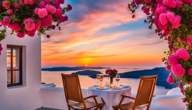 a table with flowers and a sunset on the horizon