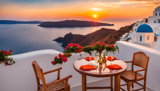 a table with flowers and a view of the ocean