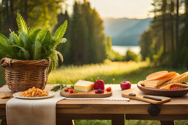 その上に食べ物と食べ物のバスケットがあるテーブル