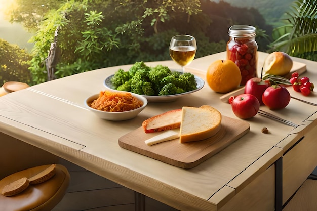 a table with food and a bottle of wine on it