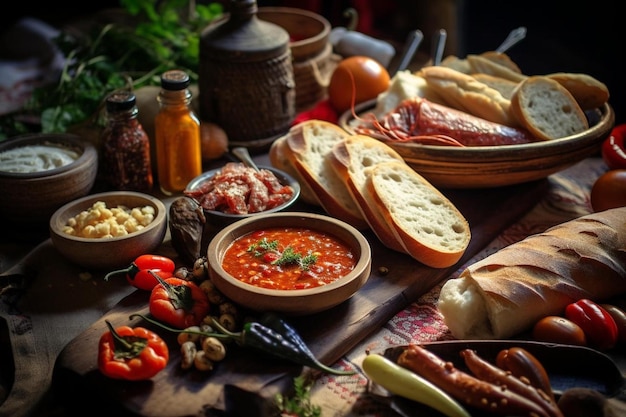 A table with food and a bottle of wine