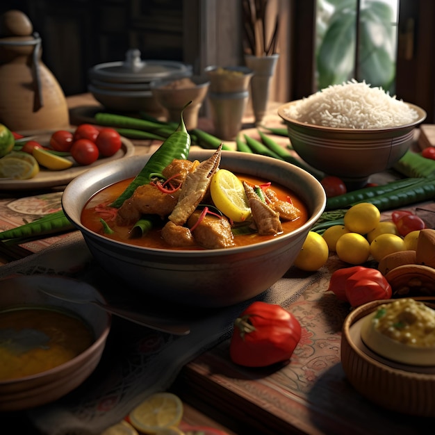 A table with food and a bowl of food with a green leaf on it.