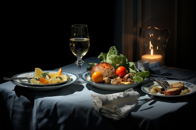 A table with food and a candle in the background