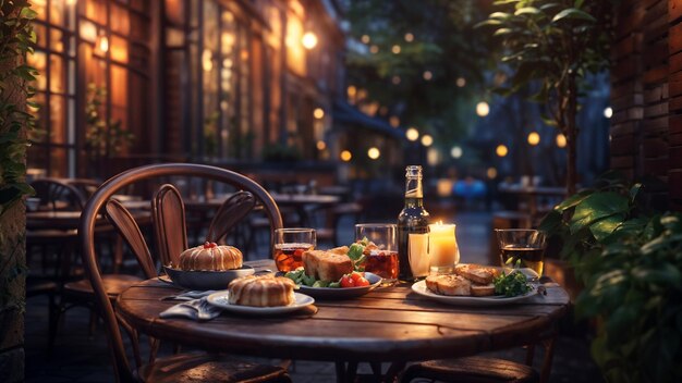 Photo a table with food and a candle at cafe corner