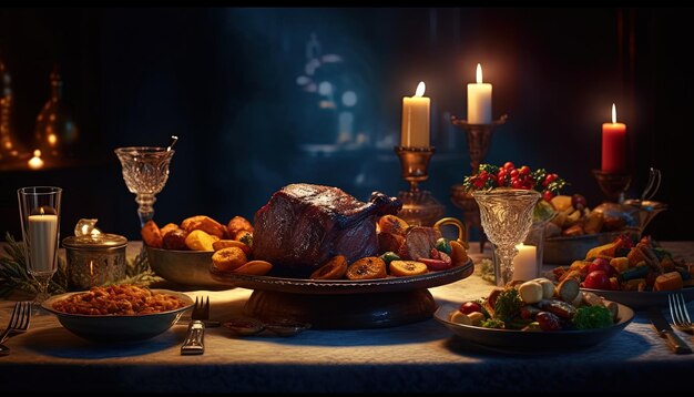 a table with food and candles and a turkey on it