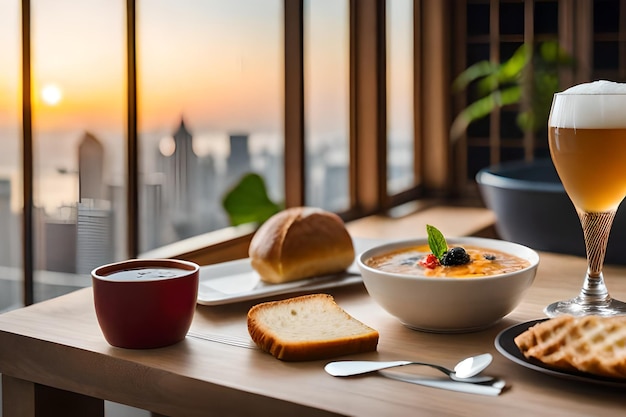 A table with food and a cup of coffee on it