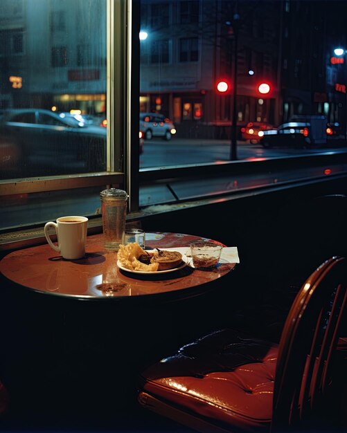 Photo a table with food and a cup on it