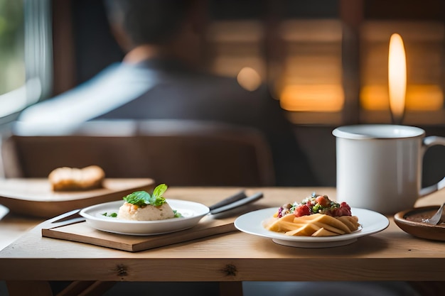 食べ物とコーヒーの入ったテーブルとコーヒーのカップ。