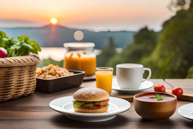 A table with food and cups of juice and a sandwich on it