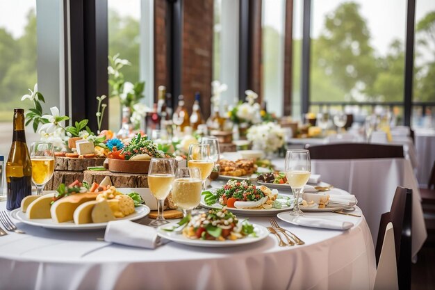 Table with food and drink at restaurant before wedding party