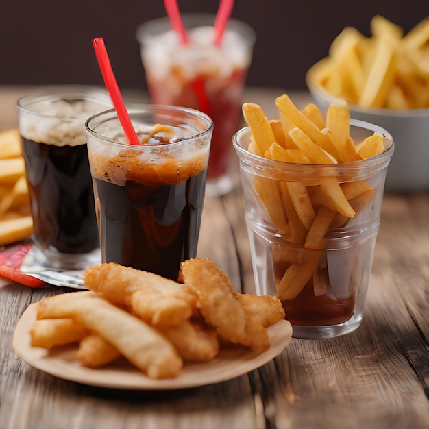 a table with food and drinks including french fries and a drink