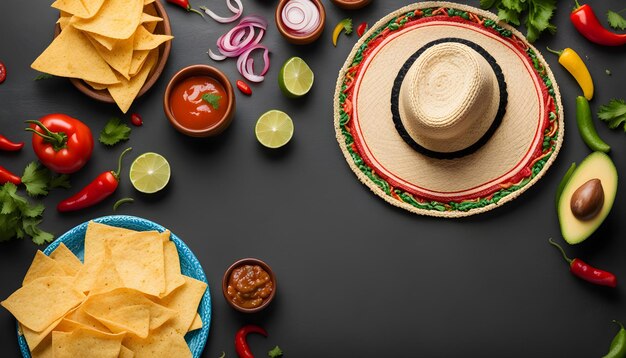 a table with food and drinks including a hat chips and salsa