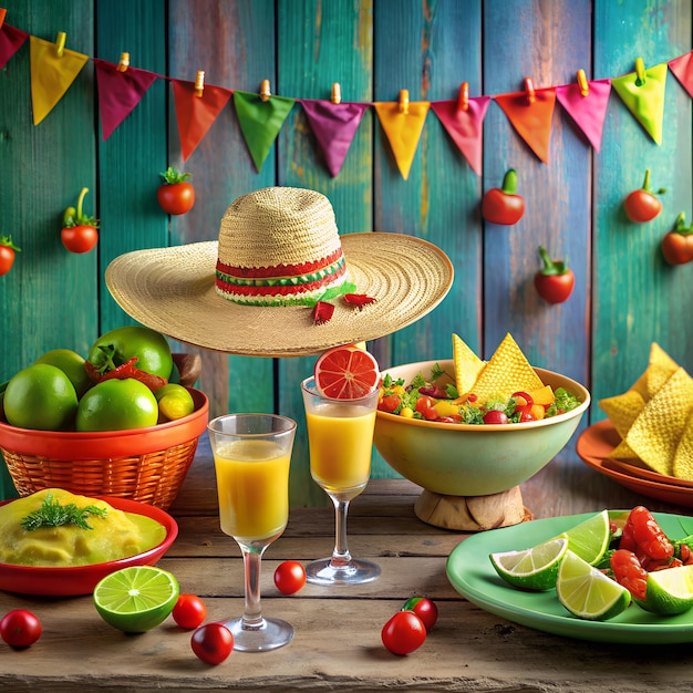 草の帽子と果物を含む食べ物と飲み物のテーブル