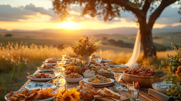 a table with food and flowers on it and a tree in the background