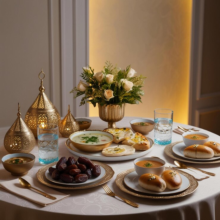a table with food and flowers on it