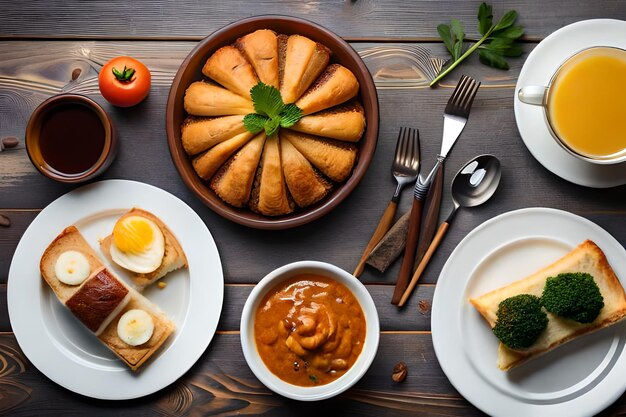 A table with food including eggs, eggs, and bread