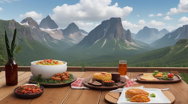 Photo a table with food on it in front of a mountain