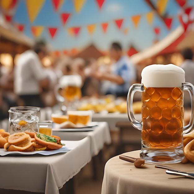 a table with food and mugs with beer and bread on it