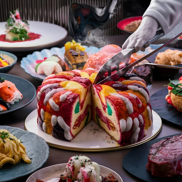 Photo a table with food and a person cutting a piece of cake with a knife