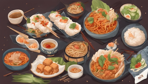 a table with food and a picture of noodles and sushi